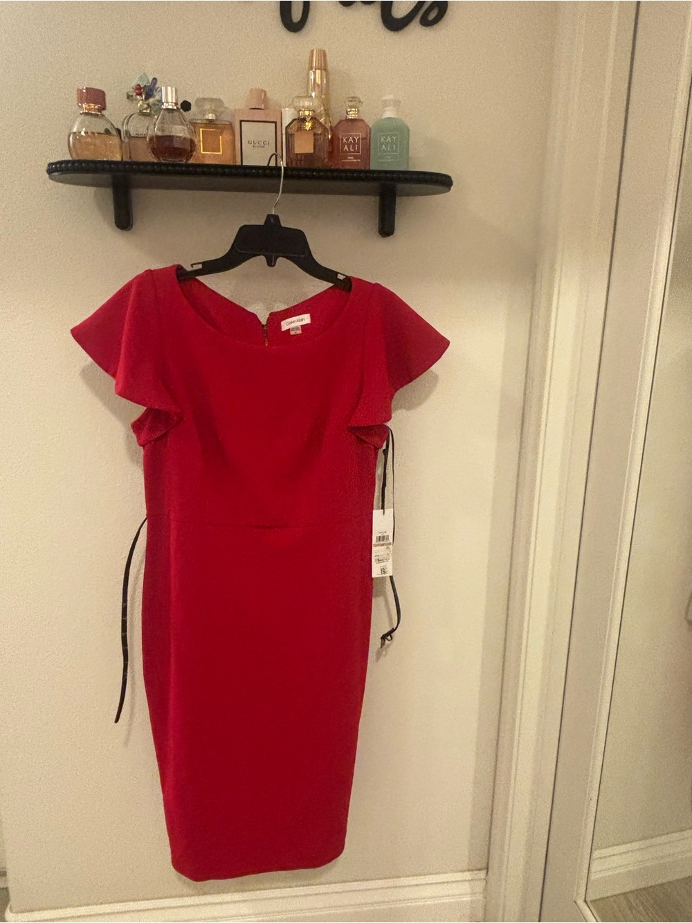 Calvin Klein Red Ruffle-Sleeve Midi Sheath Dress